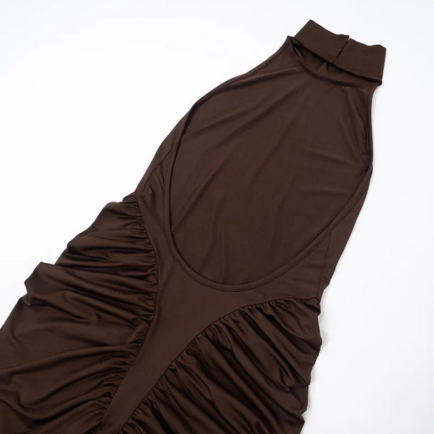 Sculpted Elegance Ruched Halter Midi Dress – Mocha