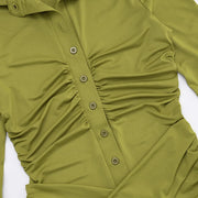 Olive Ruched Button-Up Collared Mini Dress