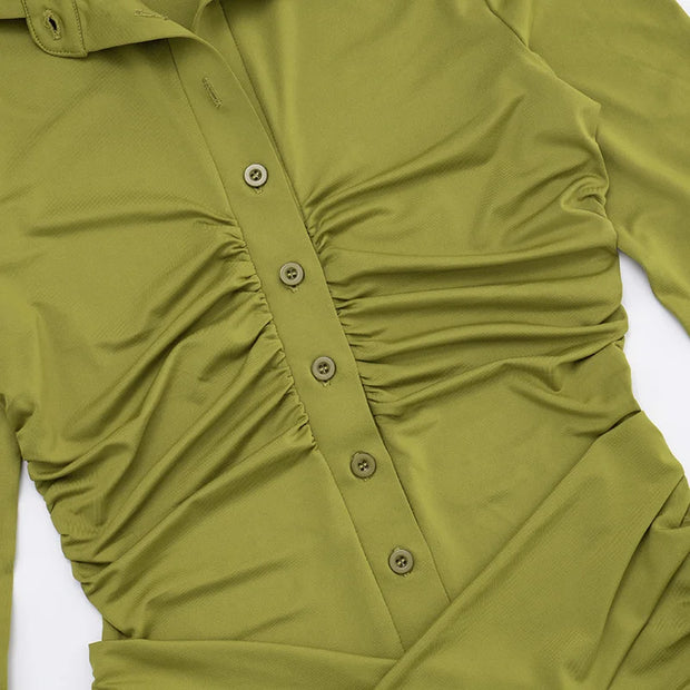 Olive Ruched Button-Up Collared Mini Dress