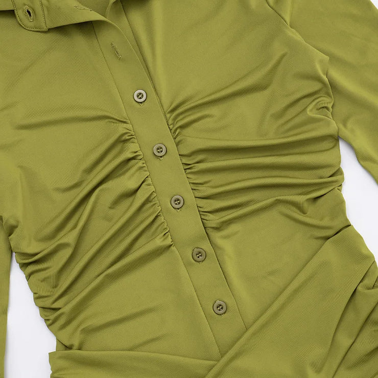 Olive Ruched Button-Up Collared Mini Dress