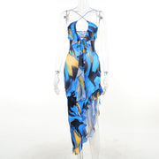 Perla Blue Print Ruffle Dress