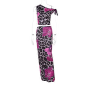 Wild Orchid One-Shoulder Two-Piece Midi Set – Magenta Leopard