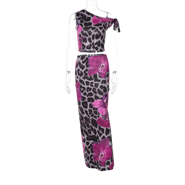 Wild Orchid One-Shoulder Two-Piece Midi Set – Magenta Leopard