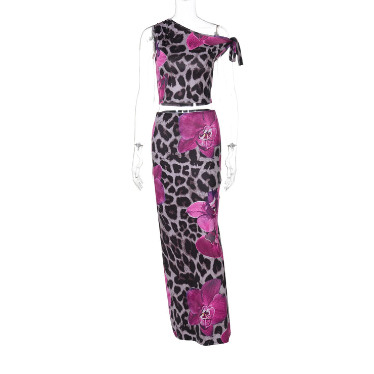 Wild Orchid One-Shoulder Two-Piece Midi Set – Magenta Leopard