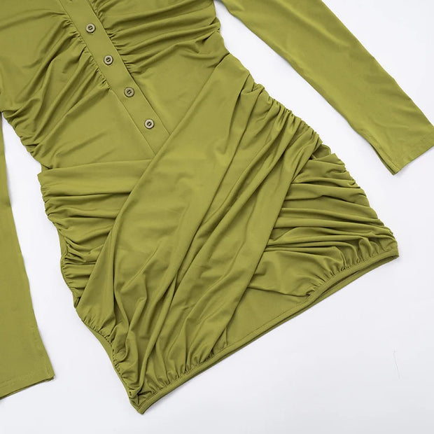 Olive Ruched Button-Up Collared Mini Dress