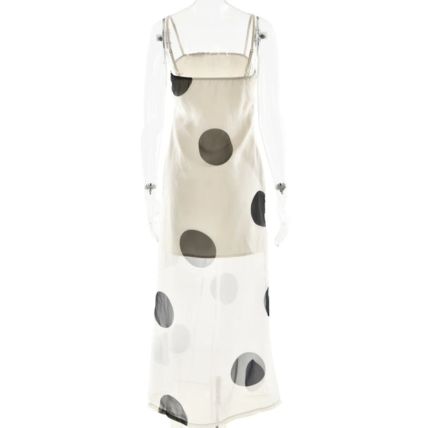 Polka Dot Mesh Slip Maxi Dress – Sheer Panel & Spaghetti Straps