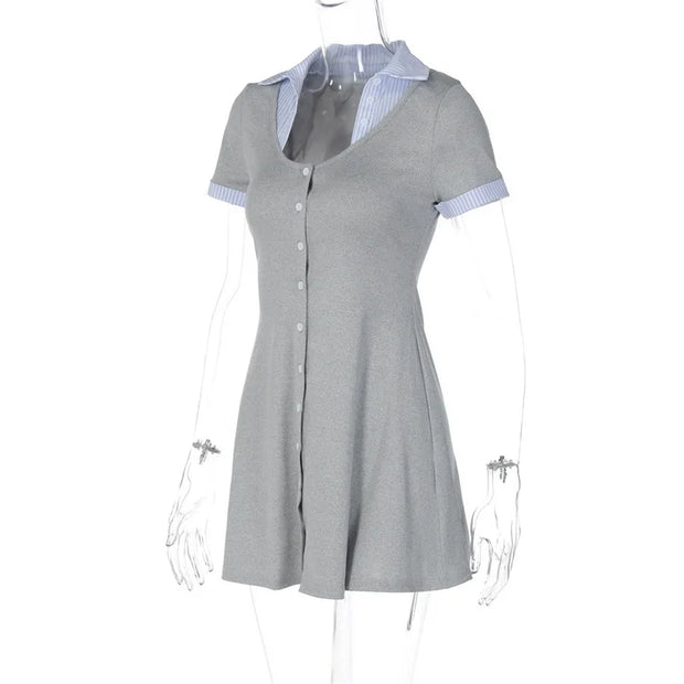 Campus Cutie Contrast Collar Button-Up Mini Dress – Heather Grey