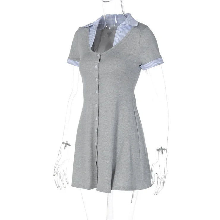 Campus Cutie Contrast Collar Button-Up Mini Dress – Heather Grey