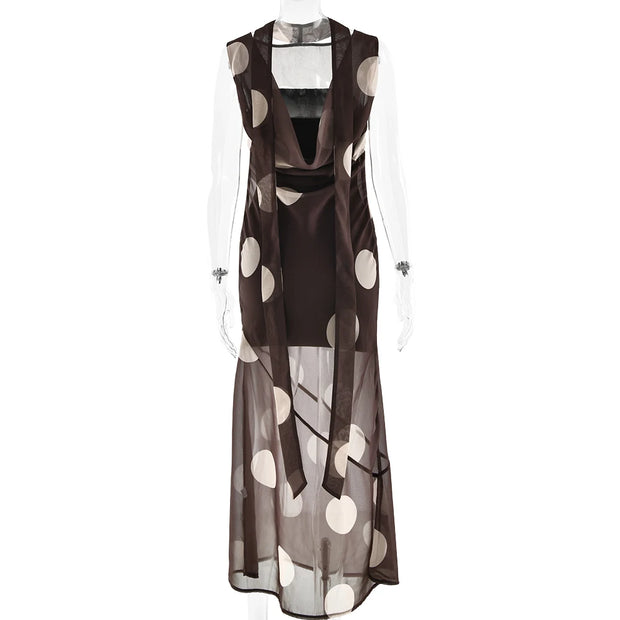 Spotlight Moment Sheer Panel Polka Dot Midi Dress – Mocha/Beige