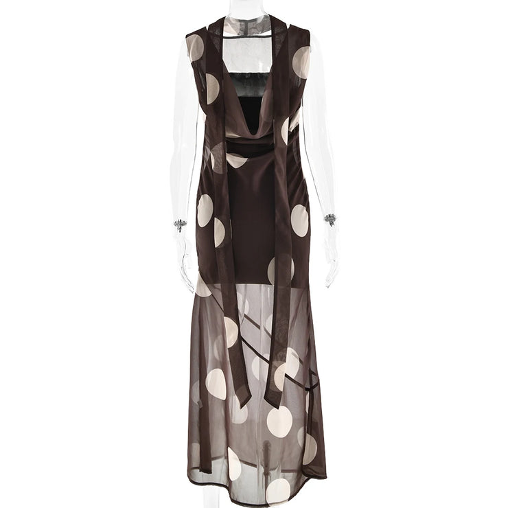 Spotlight Moment Sheer Panel Polka Dot Midi Dress – Mocha/Beige