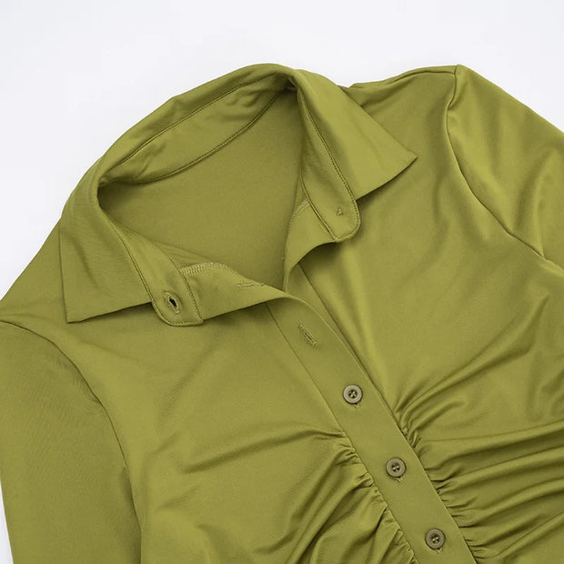 Olive Ruched Button-Up Collared Mini Dress