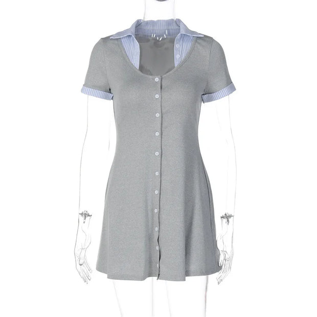 Campus Cutie Contrast Collar Button-Up Mini Dress – Heather Grey