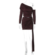 Brown one-shoulder dress on a mannequin against a white background