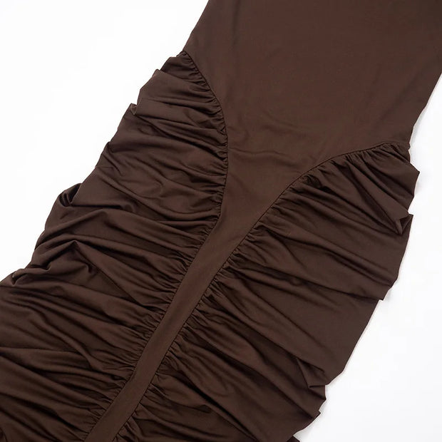 Sculpted Elegance Ruched Halter Midi Dress – Mocha