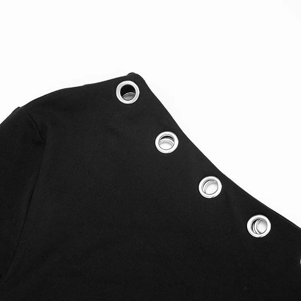 Midnight Edge One-Shoulder Grommet Mini Dress – Black Long Sleeve Bodycon