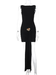 After Dusk Draped Mini Dress with Jeweled Brooch – Black