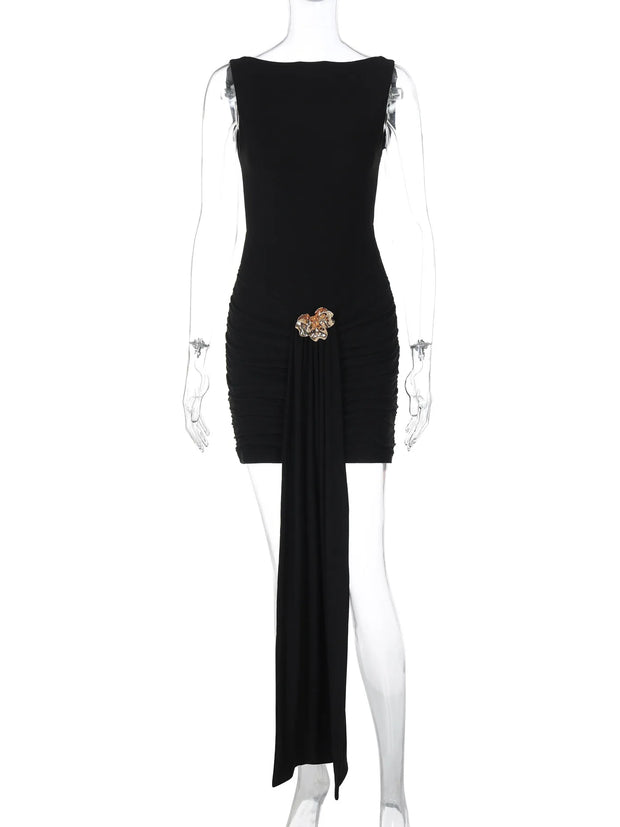 After Dusk Draped Mini Dress with Jeweled Brooch – Black