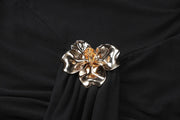 After Dusk Draped Mini Dress with Jeweled Brooch – Black