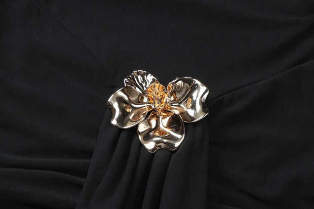 After Dusk Draped Mini Dress with Jeweled Brooch – Black
