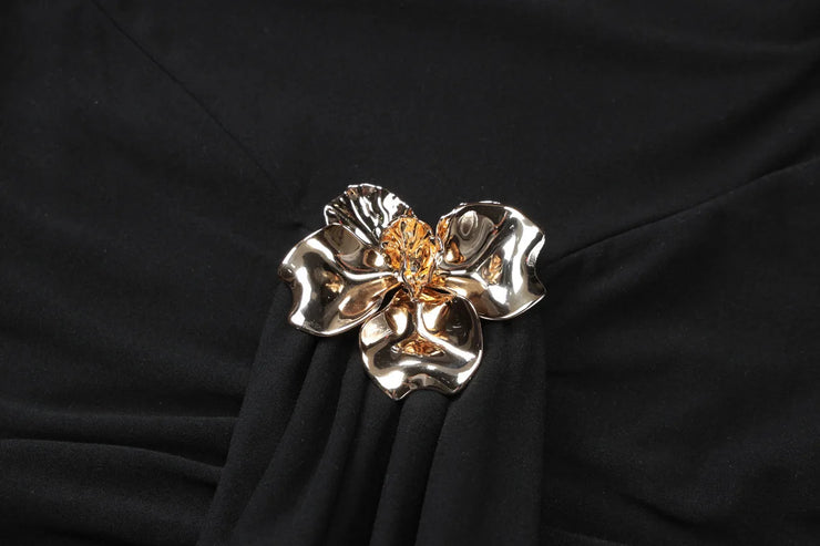 After Dusk Draped Mini Dress with Jeweled Brooch – Black