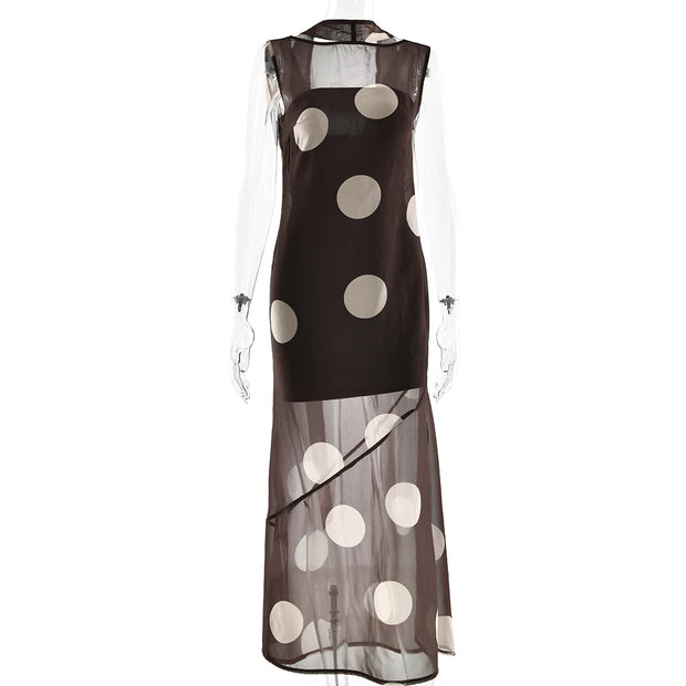 Spotlight Moment Sheer Panel Polka Dot Midi Dress – Mocha/Beige