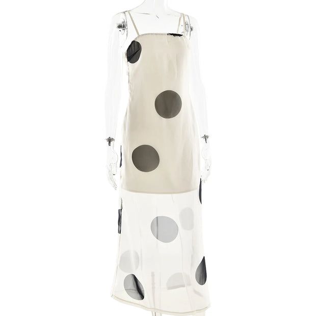 Polka Dot Mesh Slip Maxi Dress – Sheer Panel & Spaghetti Straps