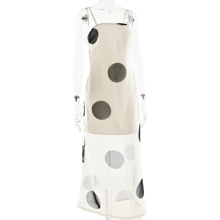 Polka Dot Mesh Slip Maxi Dress – Sheer Panel & Spaghetti Straps