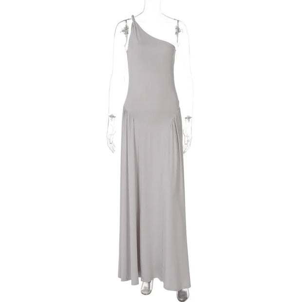 Gray One-Shoulder Maxi Dress – Elegant Floor-Length Evening Gown