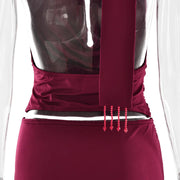 Crimson Luxe Cowl-Neck Beaded Mini Dress