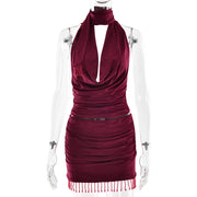 Crimson Luxe Cowl-Neck Beaded Mini Dress