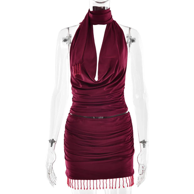 Crimson Luxe Cowl-Neck Beaded Mini Dress