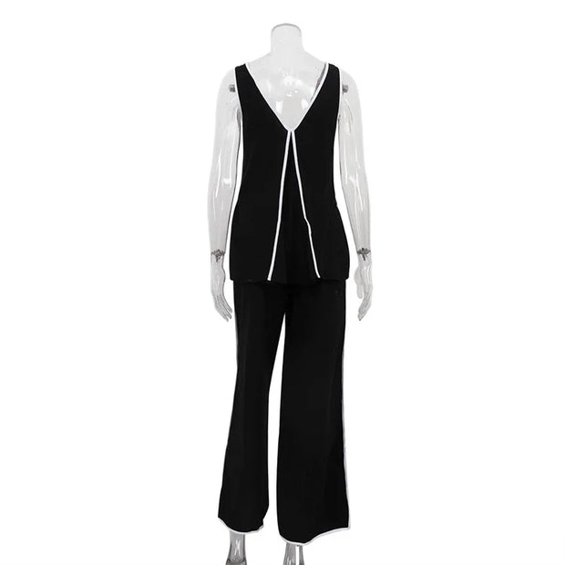 Midnight Contrast Two-Piece Set – Black with White Piping