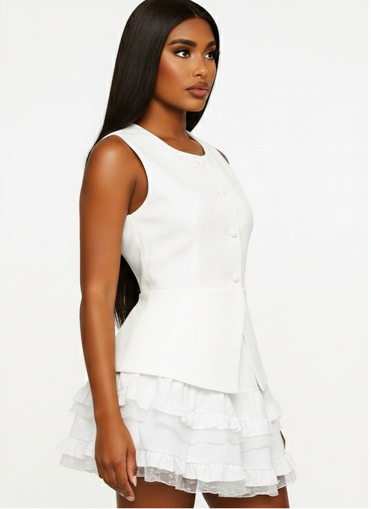 Woman wearing a white sleeveless top and shorts on a white background