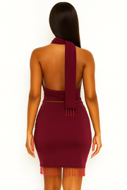 Crimson Luxe Cowl-Neck Beaded Mini Dress
