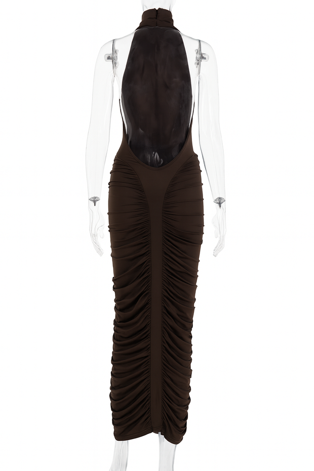 Sculpted Elegance Ruched Halter Midi Dress – Mocha