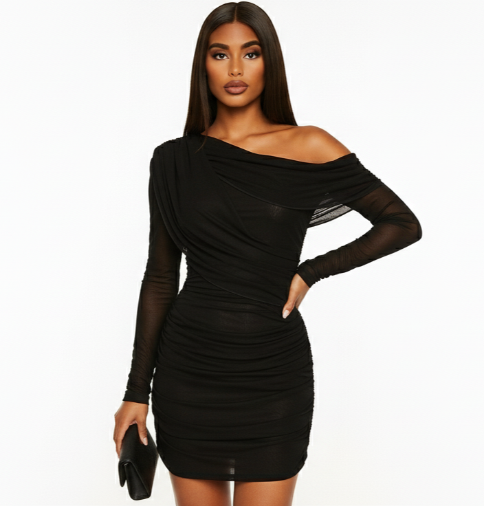 Black off-shoulder dress worn by a model on a white background