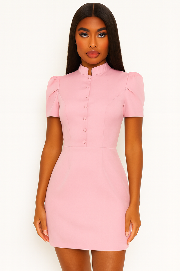 Pink Puff Sleeve Mandarin Collar Mini Dress – Elegant Button Detail Fit