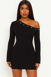 Midnight Edge One-Shoulder Grommet Mini Dress – Black Long Sleeve Bodycon