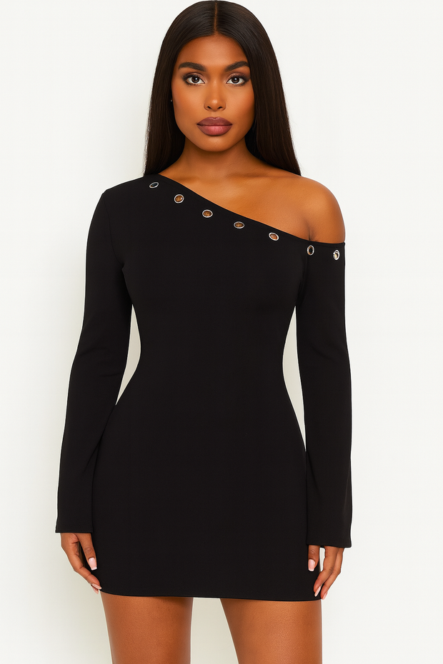 Midnight Edge One-Shoulder Grommet Mini Dress – Black Long Sleeve Bodycon